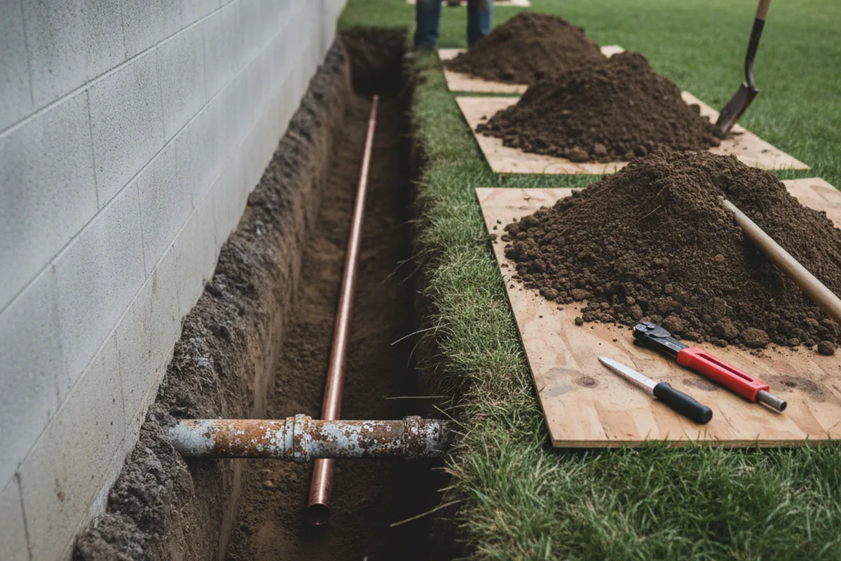Excavated water line trench during Water Softener Installation in McAlisterville